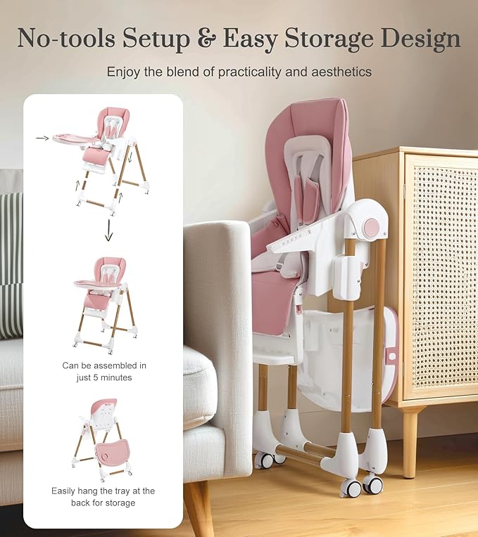 Mallify Foldable High Chairs for Babies and Toddlers, 3-in-1 Convertible Baby High Chair with Removable Soft Cushion and Tray, Adjustable Height & Recline, Lockable Wheels, Pink