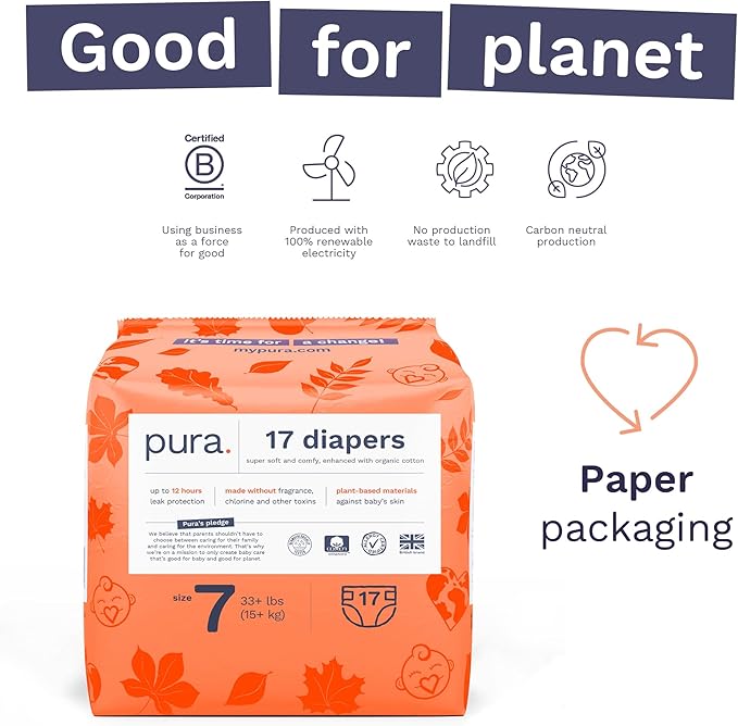Pura Size 7 Eco-Friendly Diapers (33+lbs) Hypoallergenic, TCF, Soft Organic Cotton, Sustainable, up to 12 Hours Leak Protection, Allergy UK, Recyclable Paper Packaging, 6 Packs of 17 (102 Diapers)