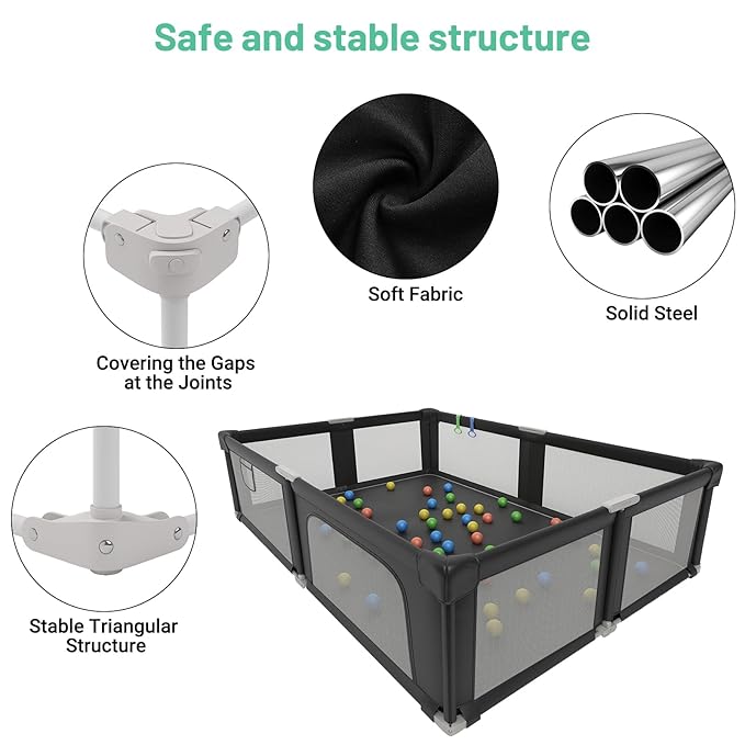 Foldable Playpen for Babies and Toddlers with Mat, 73" x 61" Playard for Indoor & Outdoor, Baby Play Pen with Soft Breathable Mesh, Pull-Link and Ocean Balls, Black