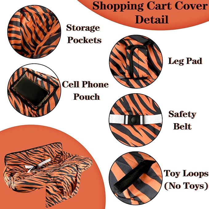 Shopping Cart Cover for Baby Girl & Boy 2-in-1 High Chair Water Resistant High Chair Cover w/Phone Pouch & Pocket Gender Neutral Cart Cover for Tiger Texture Babies Padded Grocery Cart Cover for Baby