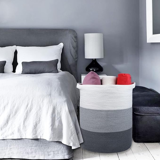 Large Laundry Hamper for Girls Boys Kids 72L, Nursery Hamper, Tall Laundry Basket, Cotton Rope Woven Blanket Basket for Storage Toys Clothes Towels, 16”x 22”, White & Gray