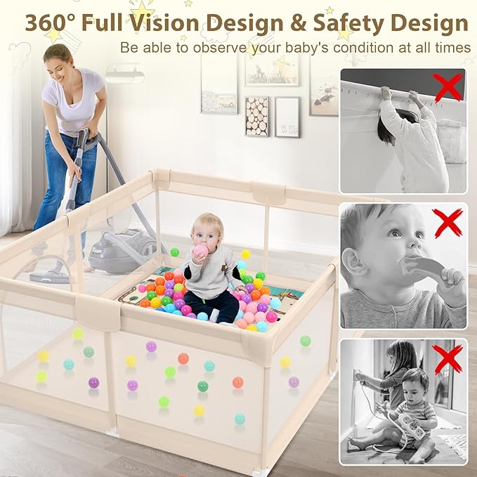 Playpen for Babies and Toddlers 71x59inch - Extra Large Baby Gate Play Pen with Soft Breathable Mesh Cover - Indoor and Outdoor Baby Play Fence - Portable Playpen for Babies (Apricot)