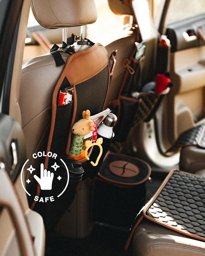 Owleys Set Car Seat Organizer Backseat Back Organizers & Seat Protector Kick Mat Back Of Seat Protector Automotive Organizer Seatback Toy Organization For Kids Behind Black Brown Tan