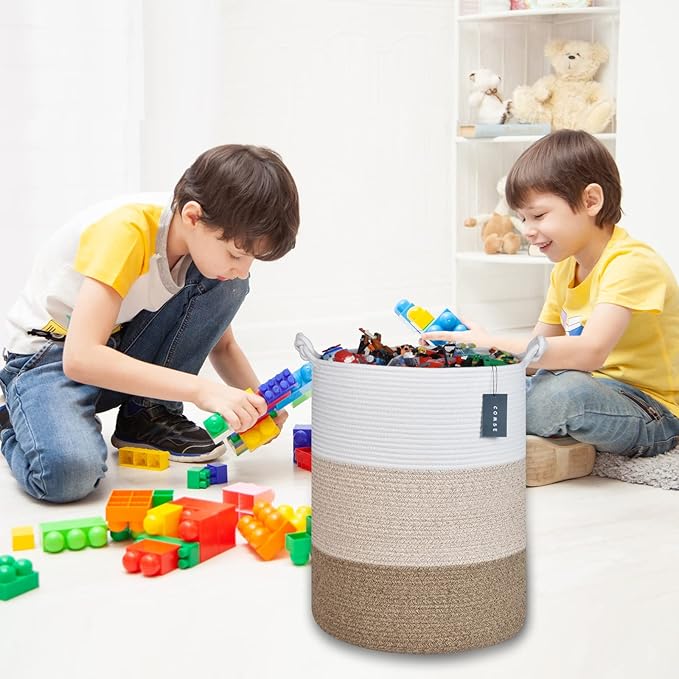 COMSE Extra Large Blanket Basket, Tall Woven Storage Basket, Nursery Hamper, 15.7”x 21.7”, Cotton Rope Laundry Hamper for Toys Clothes Towels, White/Gradient Brown