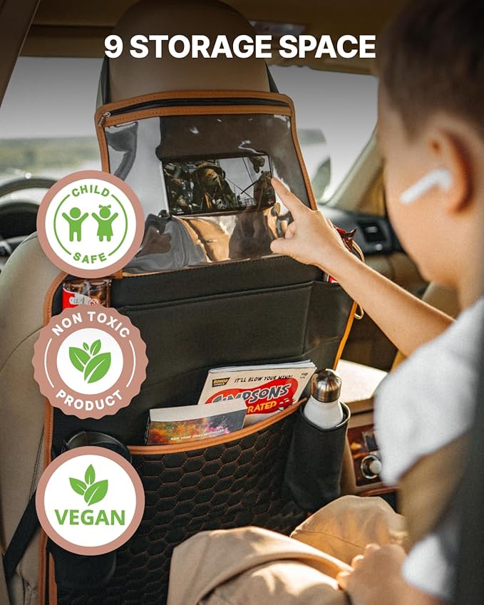 Owleys Back of Seat Organizer for Kids | Car Storage Caddy – 8 Pockets + Transparent Tablet Holder | Waterproof Eco-Leather | 27.5' x 18.5' | Brown+Black
