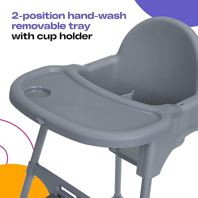Cosco Kids Canteen High Chair Lightweight Portable Baby Feeding Chair with Adjustable Tray, Easy to Clean, Kitchen or Dining Use, Toddlers Up to 33 lbs, Mono Grey