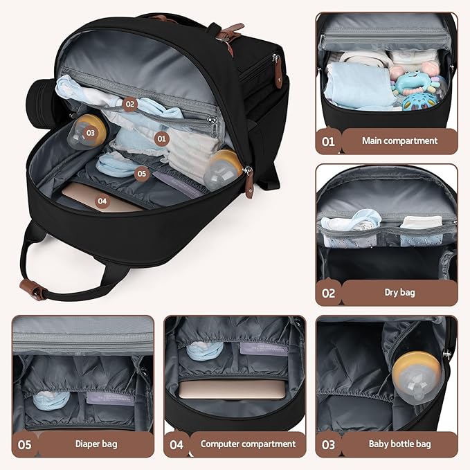 Maelstrom Diaper Bag Backpack,Baby Bag,23L-30L Expandable Diaper Backpack for Mom Dad,Travel Essentials Baby Bag with Changing Pad&Stroller Clips & Pacifier Bag,Black