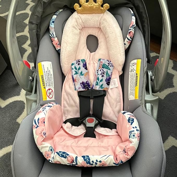 Baby Car Seat Neck Cover, Car Seat Strap Cover, Seat Belt Cushions Pads, Shoulder Strap Protectors, Reversible Pram Harness Covers in Minky Floral, Baby Neck Pad Protector