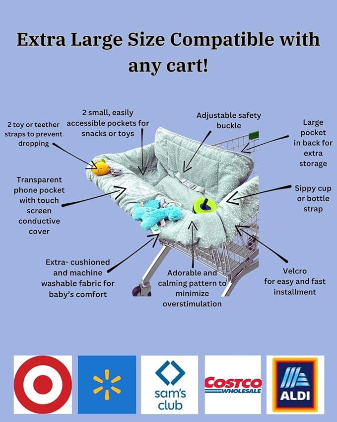 Shopping Cart Cover for Baby | Extra-Padded Baby Cart Covers | Grocery Cart Cover for Baby, Pastel Green Baby Shopping Cart Cover | Large Baby Cart Covers | Neutral Cart Cover for Babies