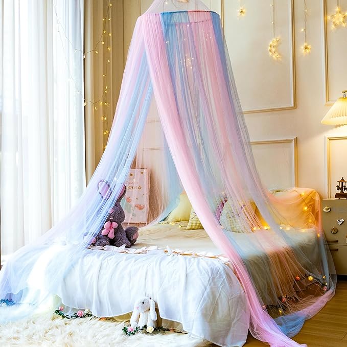 Pink Blue Bed Canopy for Girls,Princess Hanging Netting for Kids Bed Room Decor Mosquito Net for Baby Crib, Twin to King Size Bed ﻿