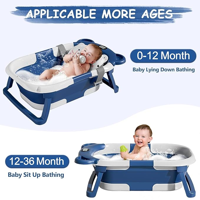 TPN Collapsible Baby Bathtub, Baby Bath Tub with Soft Cushion & Real-Time Thermometer, Baby Bathtub Infant to Toddler Tub (0-36 Months), Portable Travel Baby Tubs for Newborns (Navy Blue)