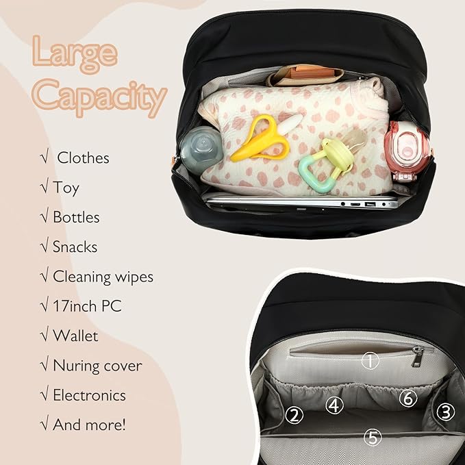 18 Pockets Diaper Bag Backpack with Waterproof Pockets and Stroller Buckle, Convertible Tote Bag (XL Black, Extra Large)