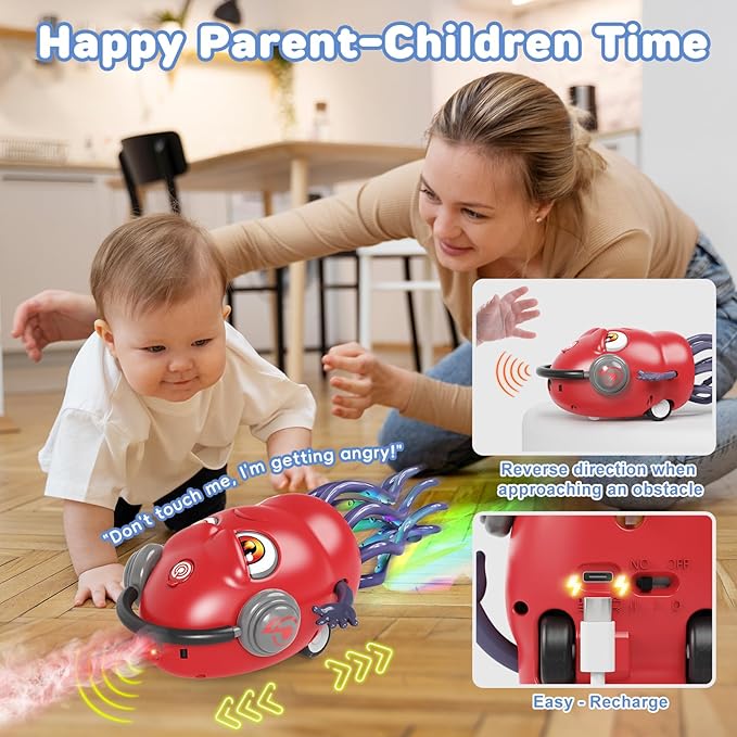 Dancing Squid Toy with Spray, Dancing Octopus Crawling Toys with Music and Lights, Electric Crawling Octopus Baby Toy, Tummy Time Squid Toys, Birthday Baby Gifts Christmas Stocking Stuffers (Red)