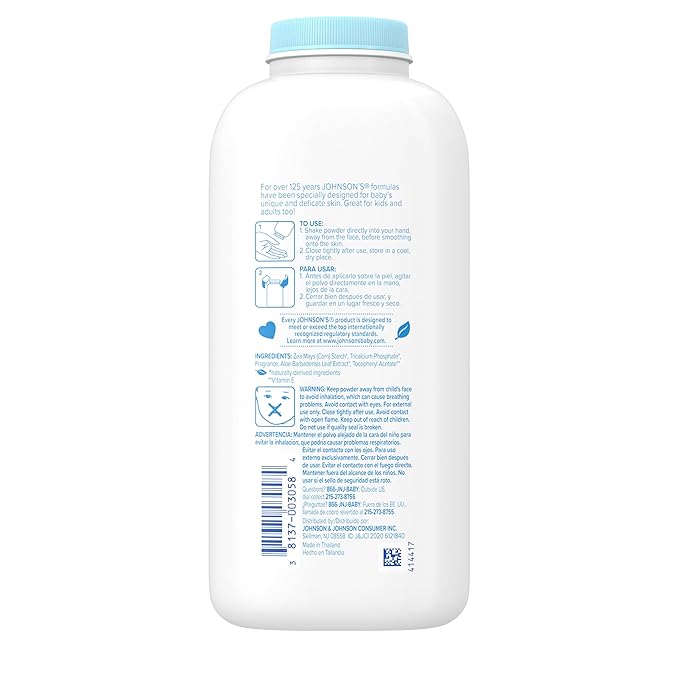 Johnson's Baby Powder with Naturally Derived Cornstarch, Aloe & Vitamin E for Delicate Skin, Hypoallergenic, Free of Parabens, Phthalates & Dyes for Gentle Baby Skin Care, 15 oz