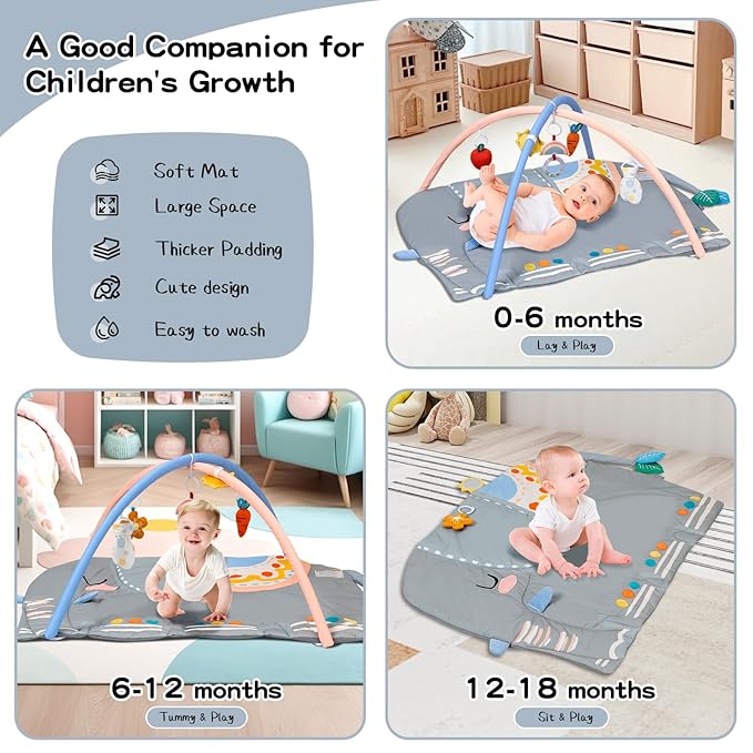 Baby Play Gym & Activity Mat, Oversize Elephant Baby Play Mat w 6 Detachable Toys, Tummy Time Mat Promote Motor Skills & Sensory Development Mat, Newborn Infant Baby Essentials Gift
