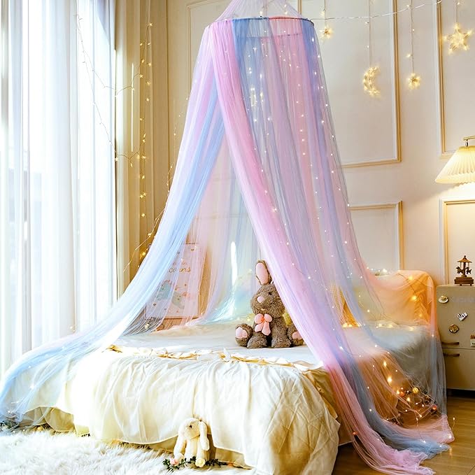Princess Pink Blue Bed Canopy with Warm Fairy Lights for Girls Bed Net,Princess Canopy for Kids Bed Room Decor (Pink Blue+Lights)