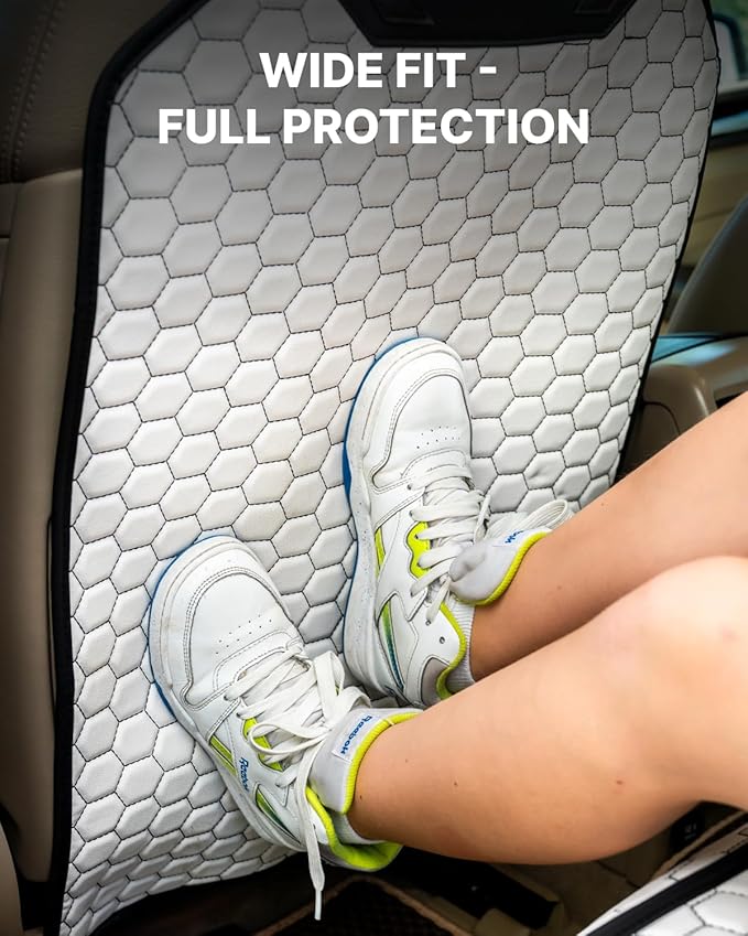 Owleys Car Kick Mat - Luxury Eco-Leather Back of Seat Protector 27.5"x18.5" - Waterproof Cover for Kids Feet - Universal Interior Guard for Light Upholstery SUV Sedan Truck - White