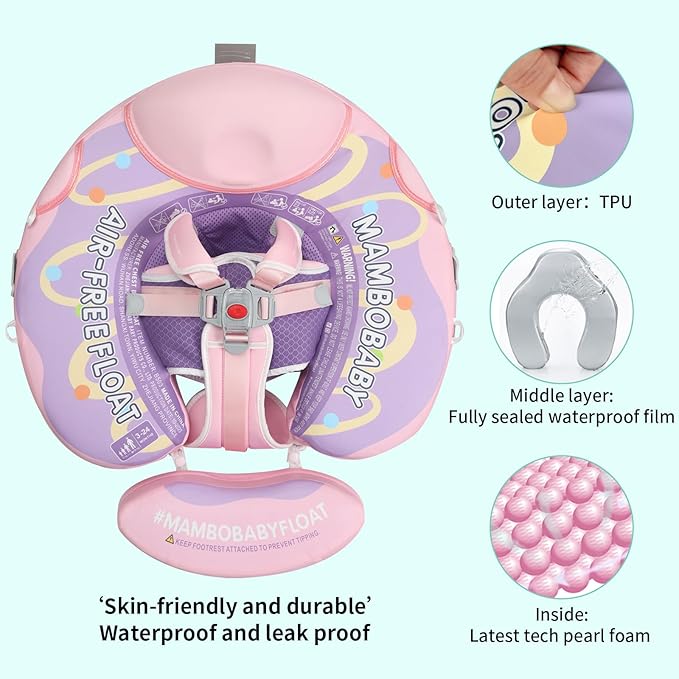 Mambobaby Float with Canopy and Tail New Upgraded Non-Inflatable Baby Pool Float Mambo Float Swim Trainer Solid Infant Swim Float Adjustable Pearl Foam Baby Swim Ring
