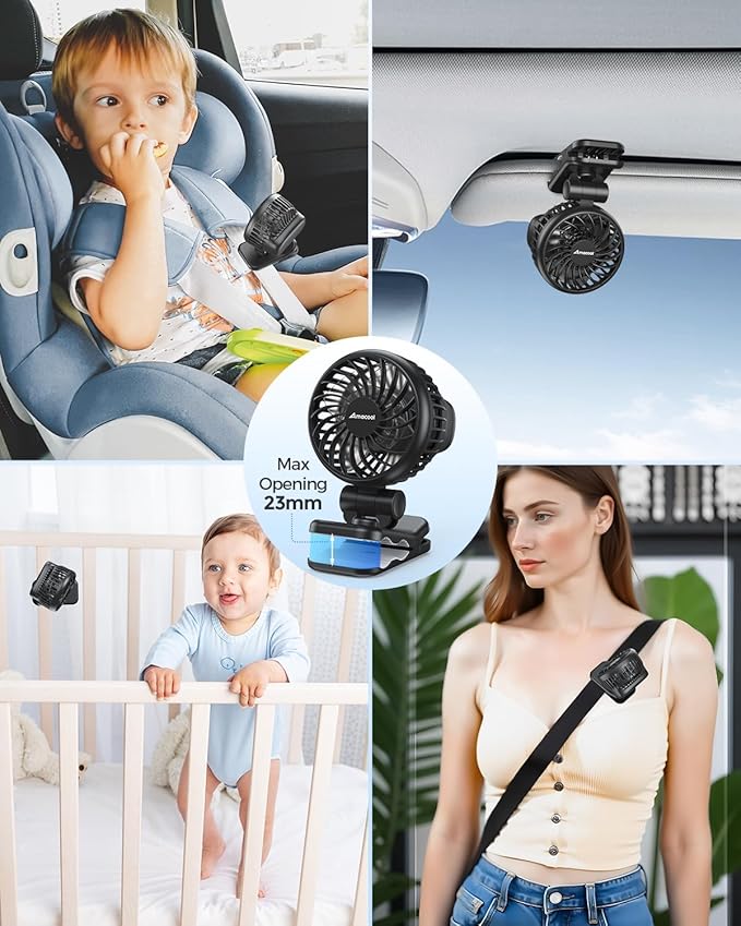 AMACOOL Mini Baby Fan with Clip for Carrier/Baby Car Seat/Bassinet, 3-Speed Portable Fan, 10H Cooling Rechargeable, Ultra Light 0.24 lb, Safe Gaps, 360° Rotatable for Diaper Backpack Stroller Travel