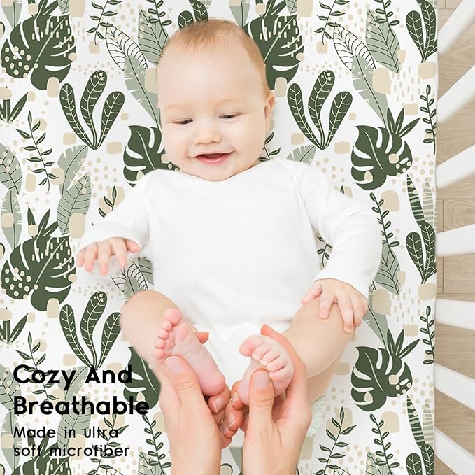 Yoofoss Pack and Play Sheets Fitted, Mini Crib Sheets 2-Pack for Pack N Play Mattress, Stretchy Playard Sheet, Soft and Breathable (Green + Banana Leaves)