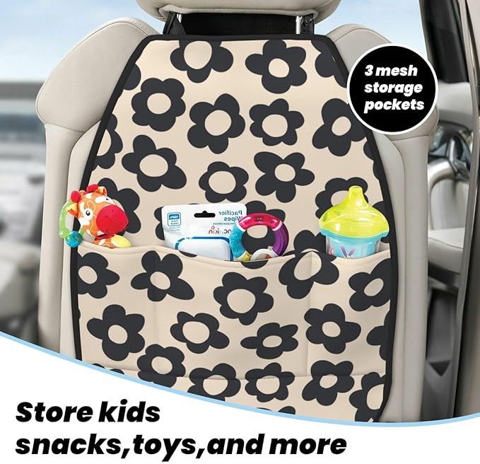 Vintage Groovy Flowers Car Kick Mats Back Seat Protector 2 Pack Auto Seat Back Covers with 3 Organizer Travel Accessories Universal Vehicle Interior from Dirt, Mud