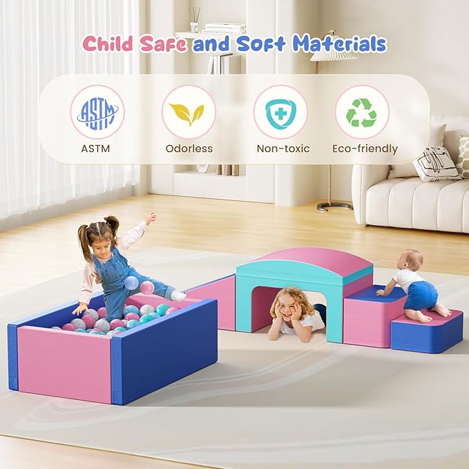Lischwert Foam Climbing Blocks for Toddlers, Soft Play Ball Pit, Baby Climbing Blocks Soft Play Climbing for Toddlers with Foldable Block and Tunnel Indoor Climbing Toys for Toddler 1-3