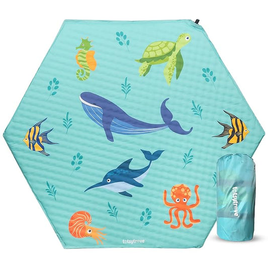 Self Inflating Hexagon Playpen Mat - 52" x 45" Non-Slip Cushioned Portable Play Area - Thick Soft Baby Play Mats for Floor - Easy Care Playmat for Infants and Toddlers - Baby Crawling Mat - Marina