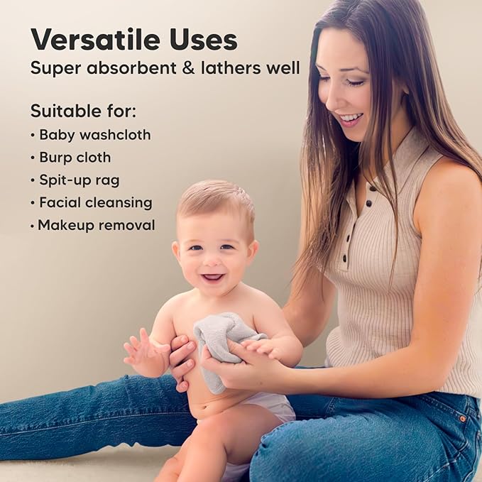 6-Pack Soft Baby Washcloths, Viscose from Bamboo - Kids, Newborn Bath Towels, Infant Shower, Toddler Reusable Face Towel, Gentle on Skin, Face Wash Cloths for Babies, 10x10 (Heather)
