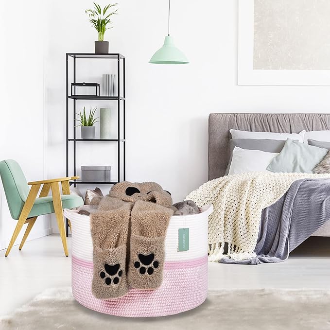 Extra Large Cotton Rope Basket For Girls Kids 87L, Nursery Hamper, Large Laundry Basket , Nursery Bin, Laundry Hamper Organizer for Storage Toys Blankets Clothes, 22”x 14”, Blend White & Pink