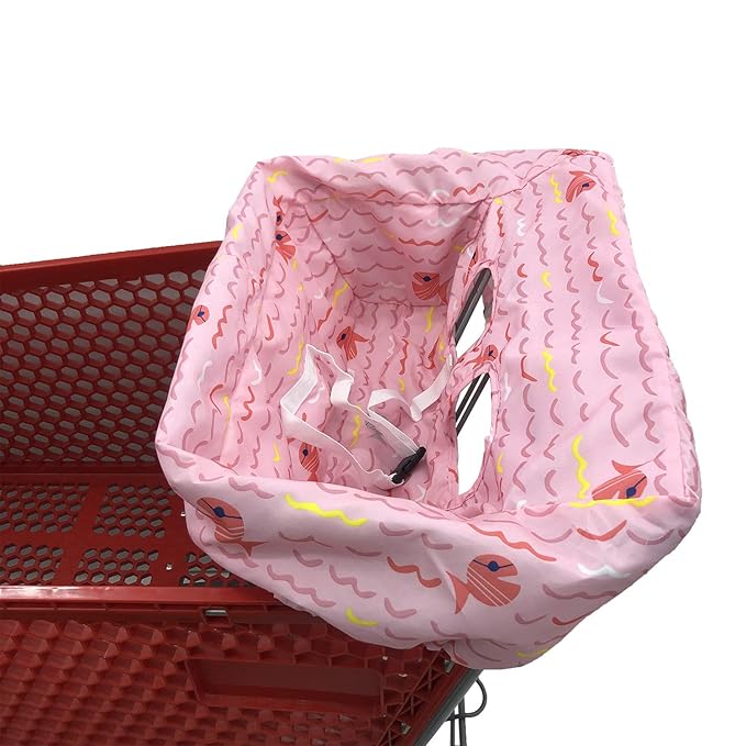 Portable Shopping Cart Cover, High Chair and Grocery Cart Covers for Babies, Kids, Infants & Toddlers, Attached Carry Bag (Simple Pink Fish)