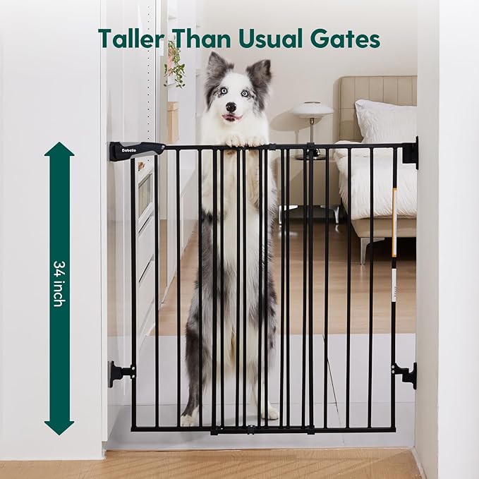Babelio Baby Gate for Stairs, Kitchen & Doorways, 26-41" W 34" H Extra Tall| No Bottom Bar| Easy Installation| One-Handed Operation| Auto-Close| Hardware Mount Safety Dog/Pet Gate Indoor (Black)