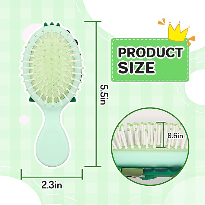 Toddler Hair Brush - Mini Hair Brush for Kids - Travel Brush for Boys and Girls - Baby Detangler Brush for Thin Hair - Dinosaur Brushes with Air Cushion - Green