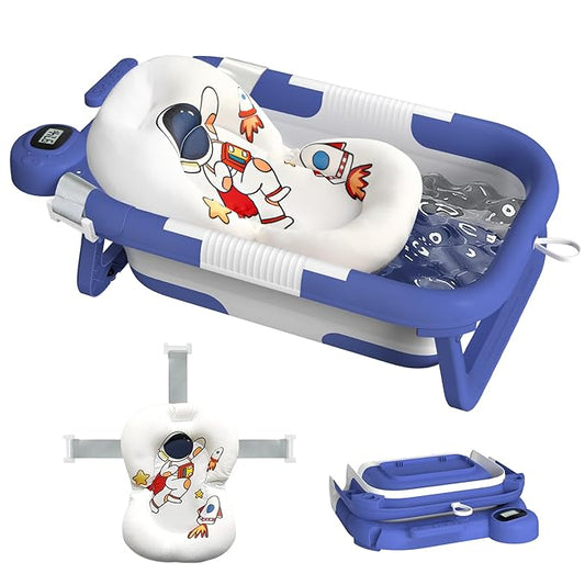 Collapsible Baby Bathtub for Newborn,Baby Tub with Soft Floating Cushion & Thermometer for Infant to Toddler,Portable Travel Bathtub with No-Slip Feet for 0-36 Months-Blue
