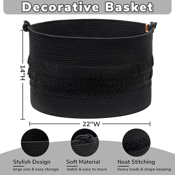 CherryNow 22"x22"x14" Large Blanket Basket, Home Décor for Living Room Bedroom, Boho Decorative Laundry Basket for Clothes, Baby Toy Storage, Black