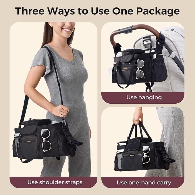 Momcozy Extra Large Stroller Organizer Max | with Food Grade Pacifier Teether Bag | 2 Insulated Cup Holder | Silicone Anti-Slip Straps | 3-Way Usage | Detachable Small Pouch | for UPPAbaby/Doona