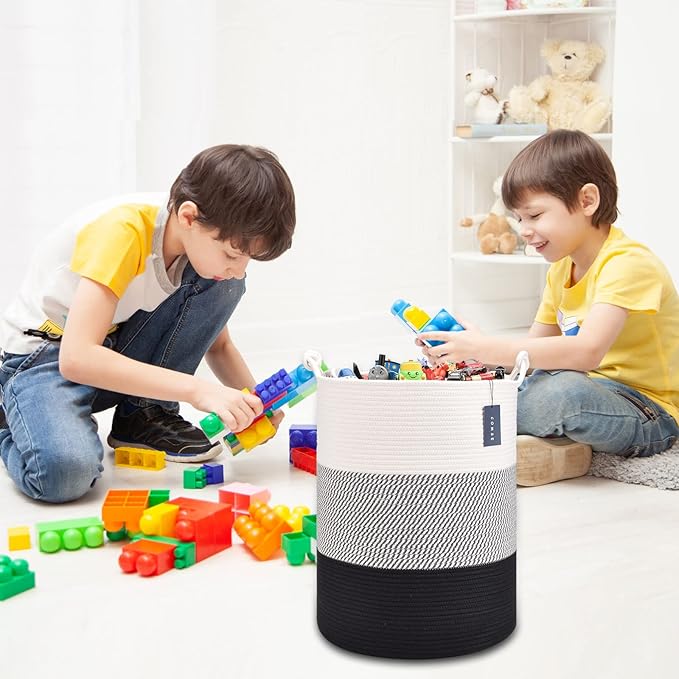 COMSE Extra Large Blanket Basket, Tall Woven Storage Basket, Nursery Hamper, 15.7”x 21.7”, Cotton Rope Laundry Hamper for Toys Clothes Towels, White/Gray/Black