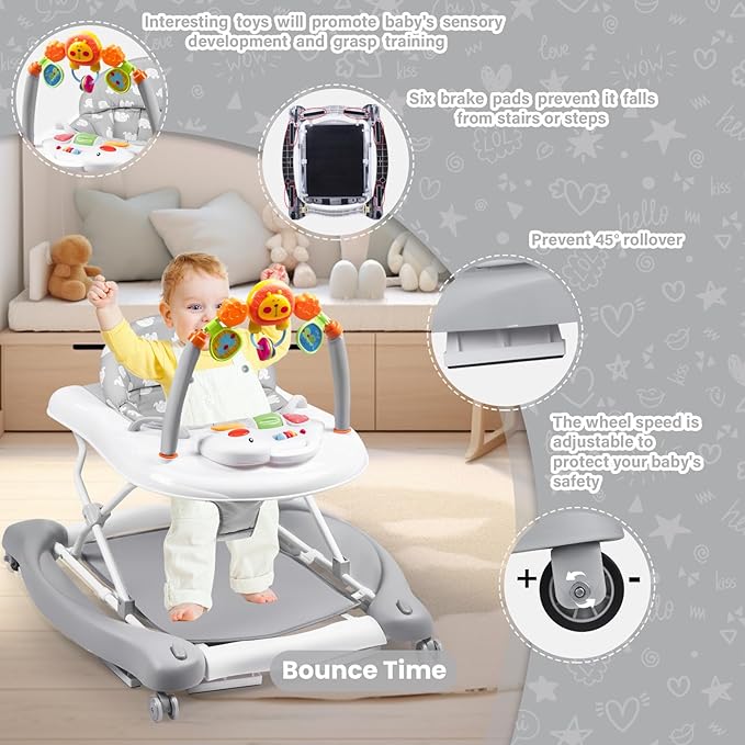 Baby Walker, 5 in 1 Baby Walkers for Boys Girls 6-12 Months, Foldable Walkers for Babies with Bouncer & Feeding Tray, Music, Adjustable Heights, Activity Walker for Infant