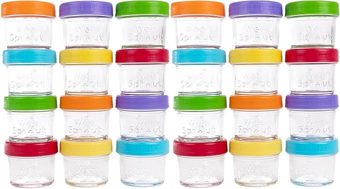 WeeSprout Baby Food Storage Glass Jars w/Lids (4 oz, 24 Pack) Bright Variety, Snack, Reusable Small Containers, Fridge or Freezer, Microwave & Dishwasher Safe, Essentials for Infants