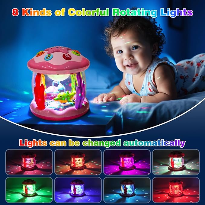 Baby Girl Toys 6-12 Months: Babies Ocean Rotating Light Up Musical Toys 12-18 Months Crawling Learning Infant Toy for Toddlers 1 2 3 Years Old Baby Girl (Pink)