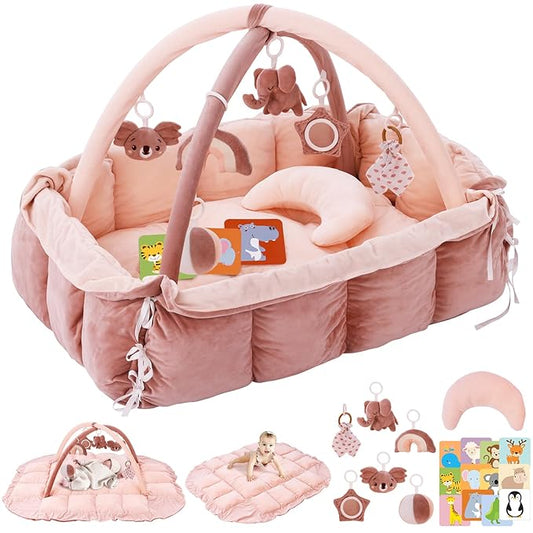 5-in-1 Plush Baby Play Gym, Baby Play Mats, Convertible Baby Gym with Pillow, Tummy time mat, Baby&Ped Bed, 6 Sensory Toys, Activity Center from Newborn to Toddler, Ball Pit, Rectangular Pink