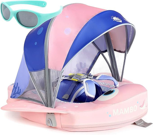Mambobaby Float with Canopy and Tail New Upgraded Non-Inflatable Baby Pool Float Mambo Float Swim Trainer Solid Infant Swim Float Adjustable Pearl Foam Baby Swim Ring