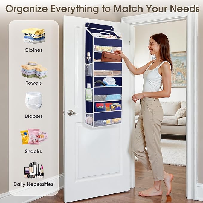 1 Pack Over The Door Organizer, Hanging Storage Organizer with Clear Window, 40lb Ultra Sturdy Large Capacity Room Organizer for Pantry Laundry Bathroom Nursery Closet (Blue)