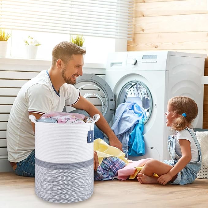 COMSE Extra Large Blanket Basket, Tall Woven Storage Basket, Nursery Hamper, 15.7”x 21.7”, Cotton Rope Laundry Hamper for Toys Clothes Towels, Blend White/Gray