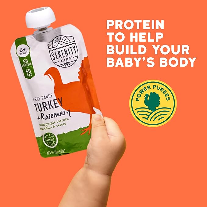 Serenity Kids 6+ Month Baby Food Puree Pouches with Ethically Sourced Meat & Organic Veggies - 3.5 Oz BPA-Free Pouch - Free Range Turkey, Rosemary, Carrot, Zucchini - 6-Pack Turkey Infant Food