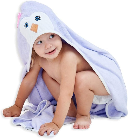 HIPHOP PANDA Hooded Towel - Rayon Made from Bamboo, Bath Towel with Bear Ears for Newborn, Babie, Toddler, Infant - Absorbent Large Baby Towel - Purple Penguin, 37.5 x 37.5 Inch