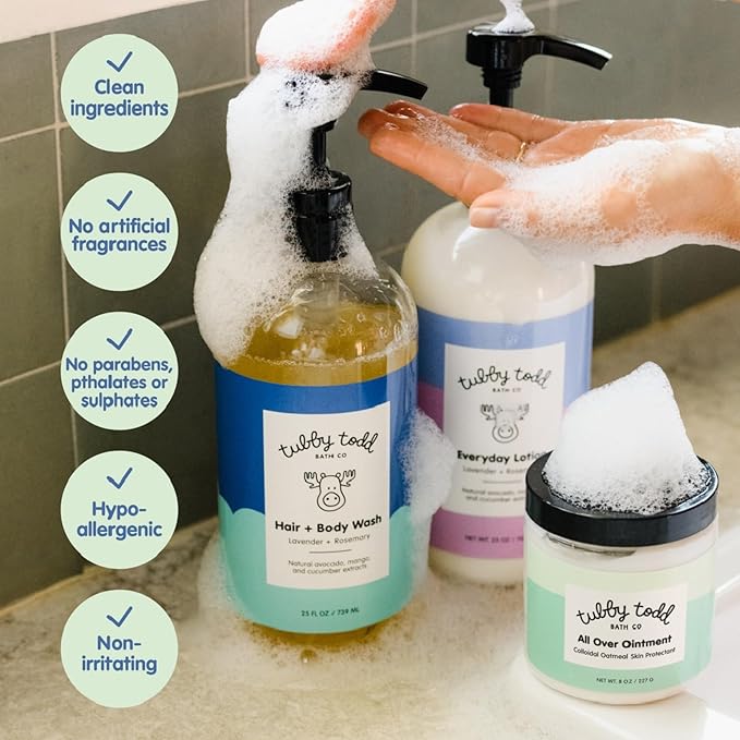 TUBBY TODD 3-Step Baby Bath & Skincare Routine - The Regulars Bundle - Baby Shampoo and Body Wash, Everyday Lotion 25 Oz & All Over Ointment 8 Oz - Fragrance-Free