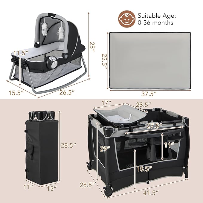 HONEY JOY Pack and Play, 5 in 1 Portable Infant Playpen with Bassinet & Changing Table, Storage Bag, Music Box, Toys, Carry Bag, Nursery Center, Baby Playard Pack n Play Crib for Boys Girls