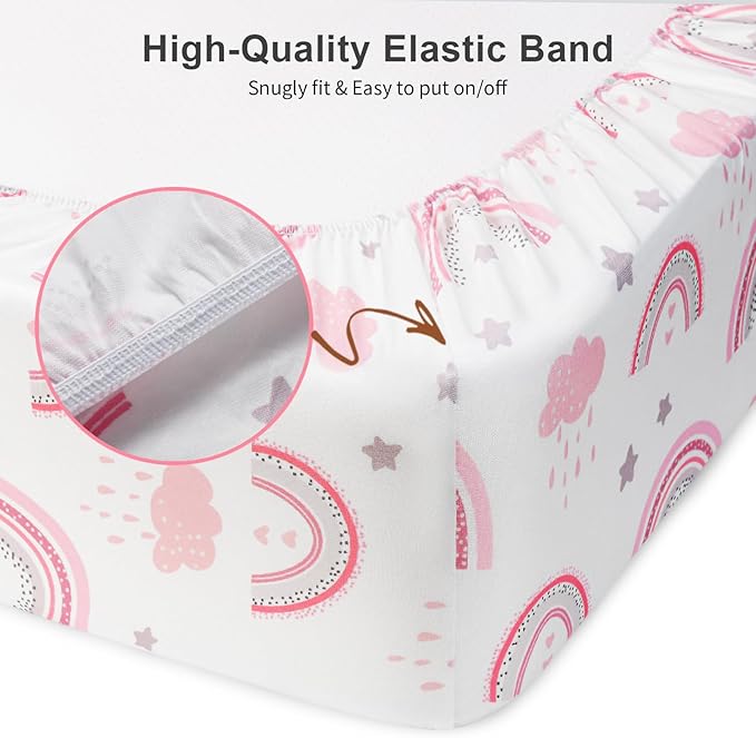 Baby Crib Sheets 2 Pack for Boys and Girls Fit for Standard Crib Toddler Mattress Breathable Soft Microfiber Baby Sheet 28x52x8in (Pink Rainbow & Pink)