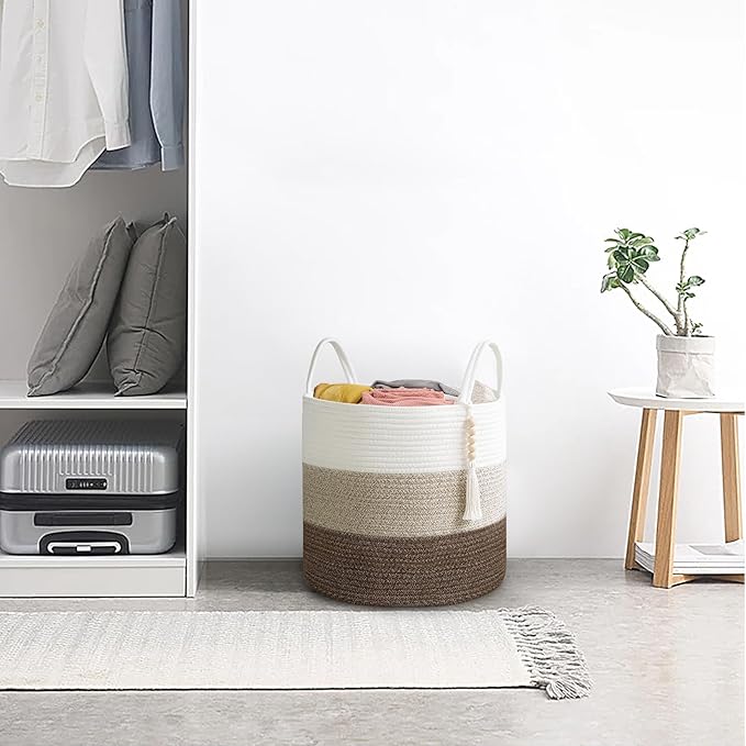 Mkono Woven Storage Basket Decorative Natural Rope Basket Wooden Bead Decoration for Blankets,Toys,Clothes,Shoes,Plant Organizer Bin with Handles Living Room Home Decor, 16"W × 13.8"L