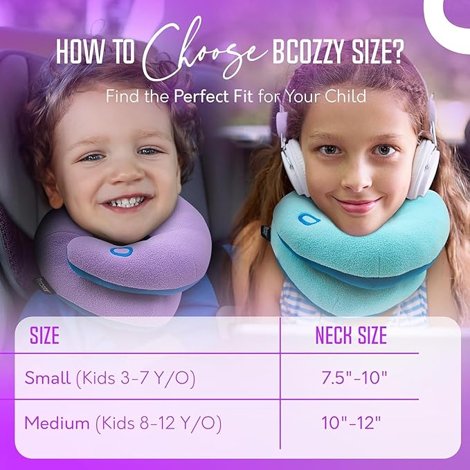 BCOZZY Kids Chin Supporting Travel Pillow for Ages 3–7- Patented Soft Neck Pillow for Head and Chin Support in Car Seat and Airplane. Comfortable Travel Essential. Small Size, Bag, Light Blue